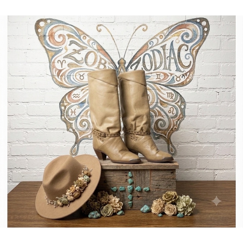 VTG Zodiac USA Tan Leather Slouch Boots Studded Ankle Strap 6.5 Boho festival